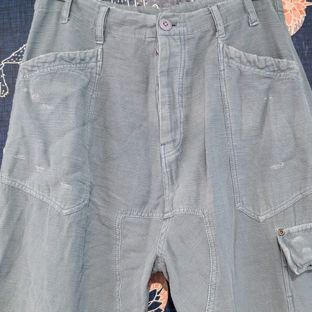 Free People Blue Grey Slub Texture Utility Cargo Pants XS Relaxed Tapered Leg - Picture 6 of 13